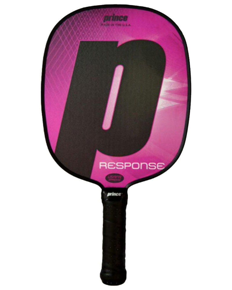 A black and pink Prince Response Pickleball Paddle from Prince with a large "P" logo, a polymer core for enhanced durability, and text indicating "Made in the U.S.A." Also features a large sweet spot for better play.