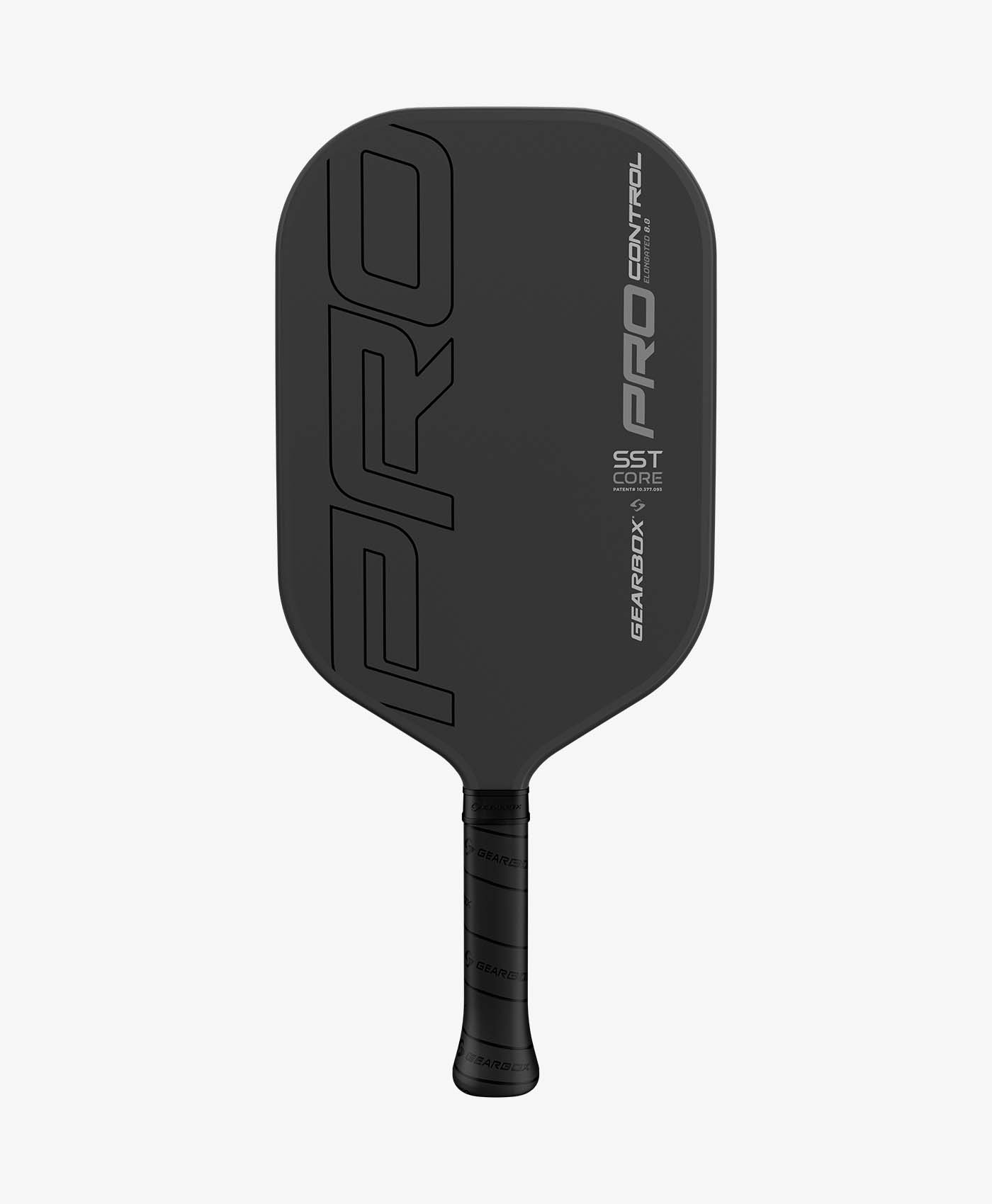 Gearbox's Gearbox Pro Control Elongated Pickleball Paddle featuring a black paddle on a white background.
