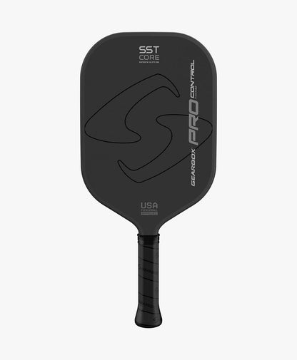 A black Gearbox Pro Control Fusion pickleball paddle from Pickleballist.