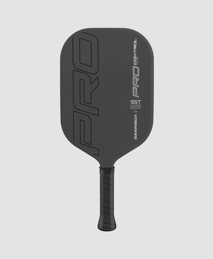 A black Gearbox Pro Control Fusion pickleball paddle with a textured surface and carbon fiber framework by Pickleballist.