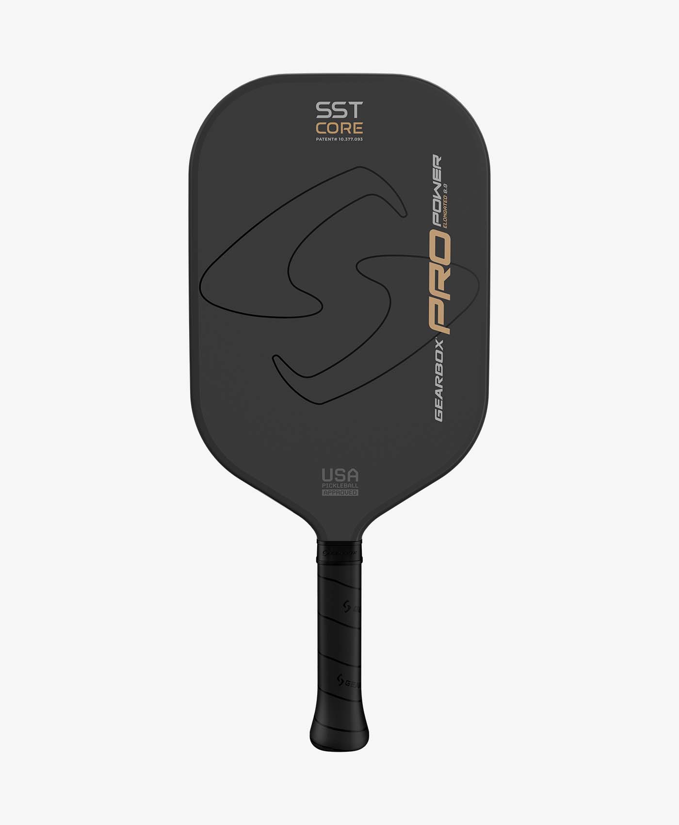 A black and gold Gearbox Pro Power Elongated Pickleball Paddle on a white background with a Gearbox patent.