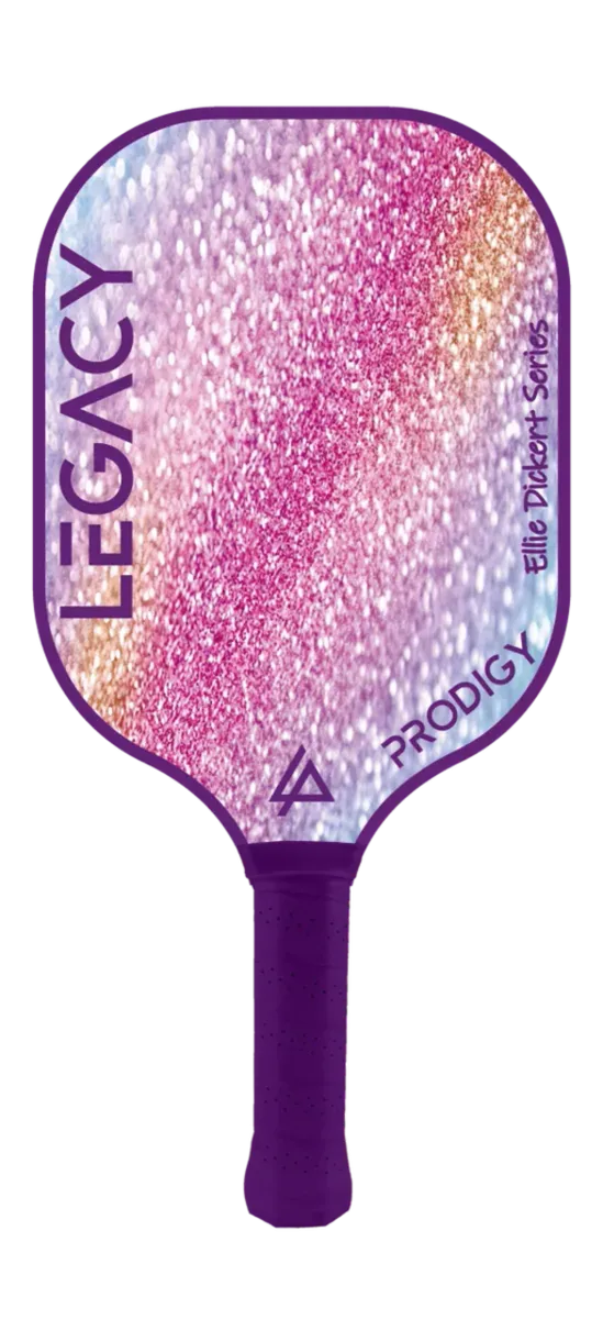 A glittery pink and purple pickleball paddle with the word "Legacy Prodigy" and the logo "a" for Pickleballist brand.