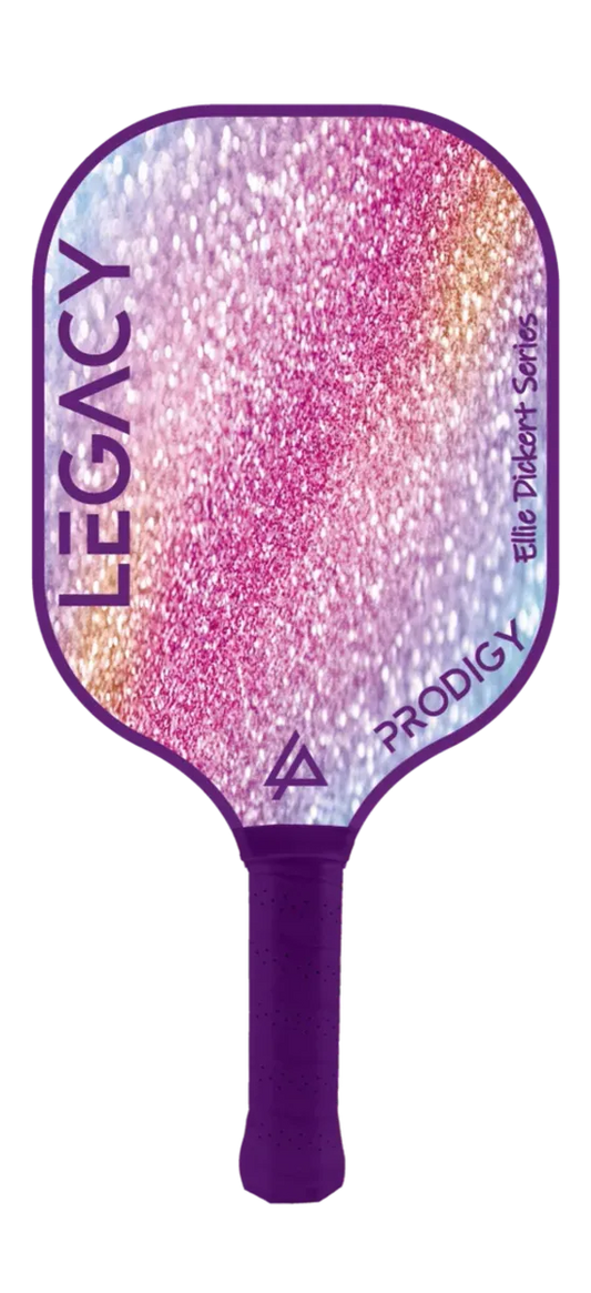 A glittery pink and purple pickleball paddle with the word "Legacy Prodigy" and the logo "a" for Pickleballist brand.