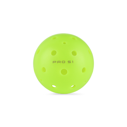 A bright green ball with perforations, labeled "Selkirk Pro S1 Pickleball Balls," set against a black background.