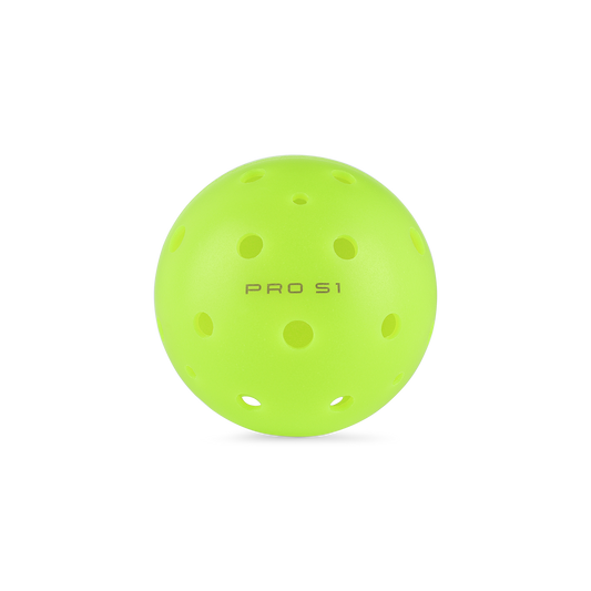 A bright green ball with perforations, labeled "Selkirk Pro S1 Pickleball Balls," set against a black background.