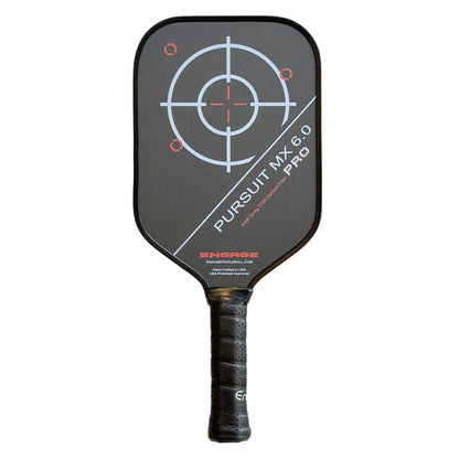 A black Engage Pursuit Pro MX 6.0 Pickleball Paddle featuring a target graphic in the center, with a black grip handle at the base.