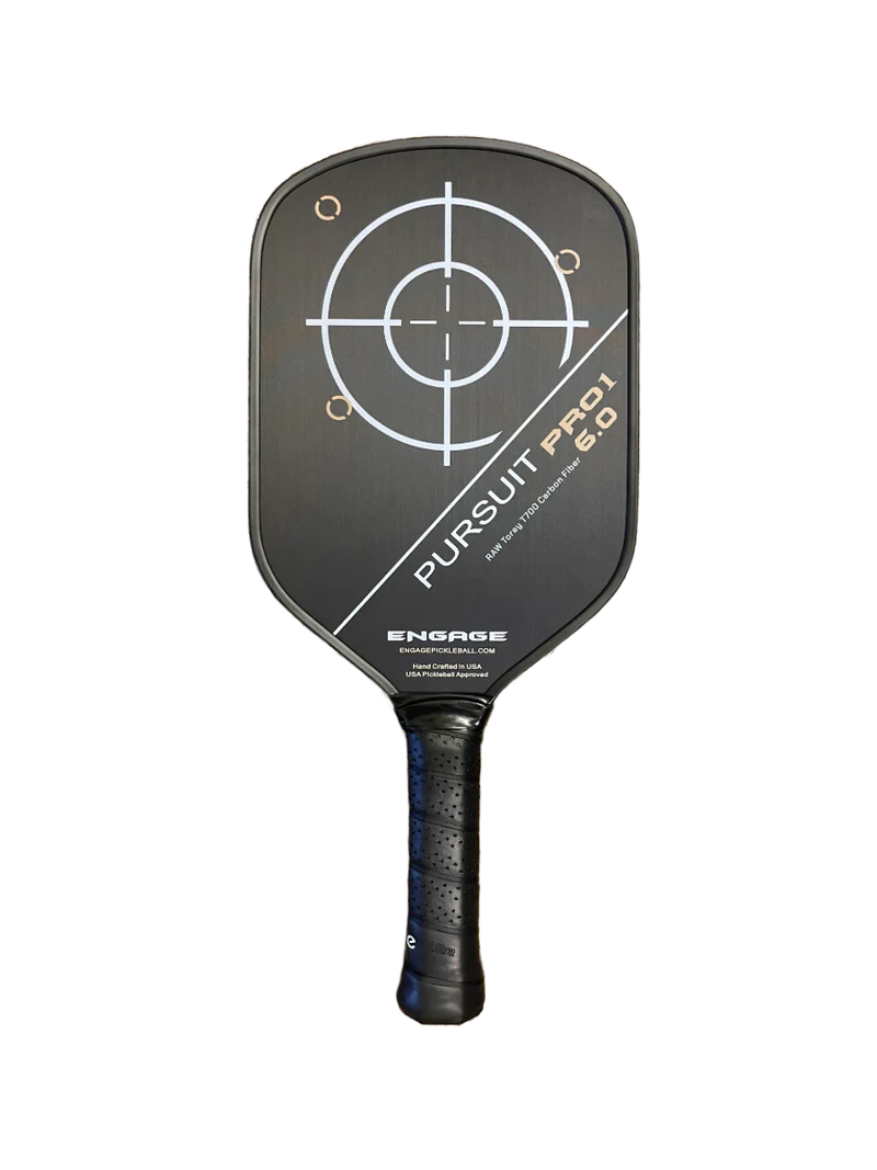 A black Engage Pursuit Pro1 6.0 Power Series Pickleball Paddle featuring a target graphic and white branding text on a black background.