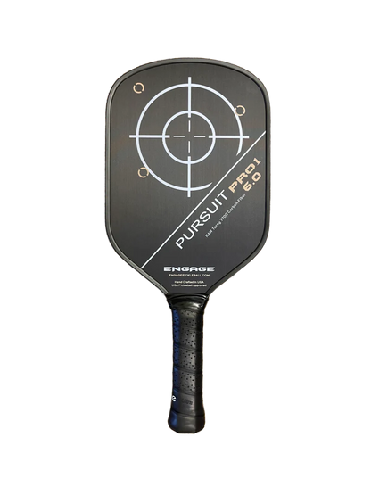 A black Engage Pursuit Pro1 6.0 Power Series Pickleball Paddle featuring a target graphic and white branding text on a black background.