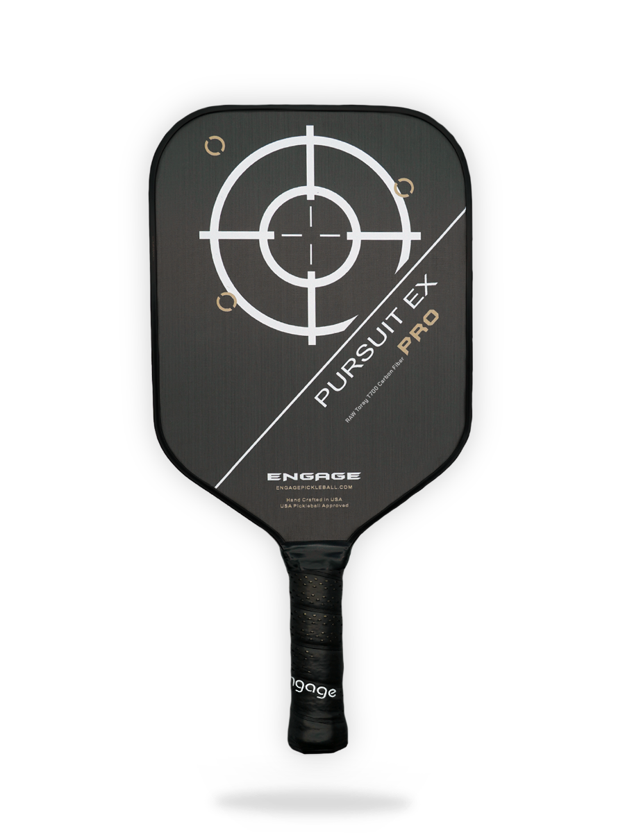 An Engage Pursuit Pro EX Pickleball Paddle with a target on it.
