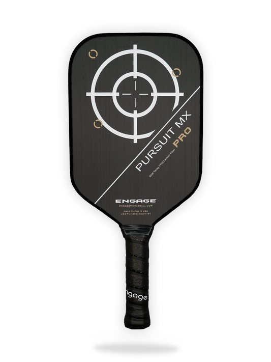 An Engage Pursuit Pro MX Pickleball Paddle with a target on it.