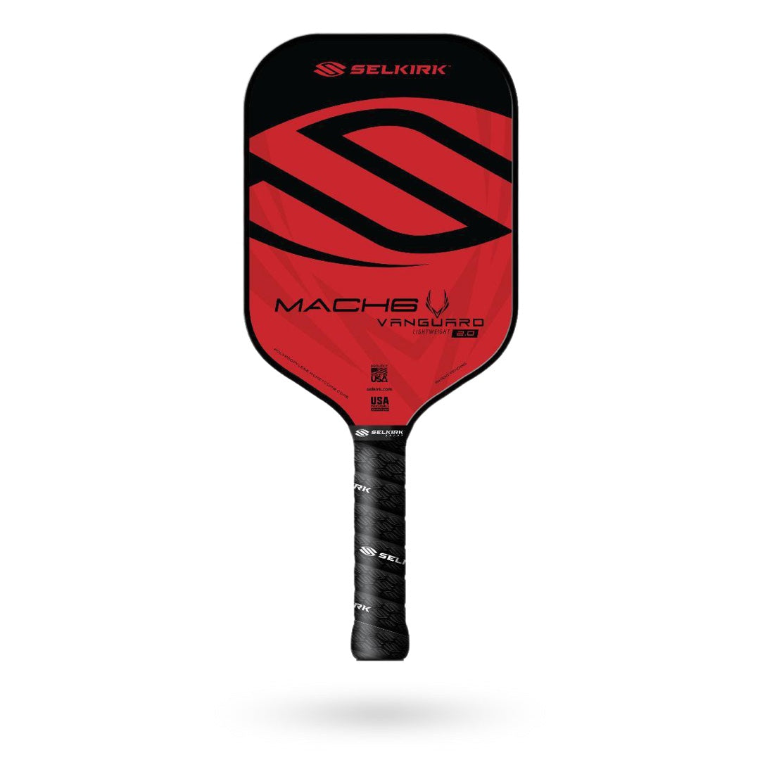 Image of a Selkirk Vanguard Mach6 Pickleball Paddle with a red and black design, wrapped handle, and the brand's logo displayed at the top, perfect for tennis players who favor a two-handed backhand.