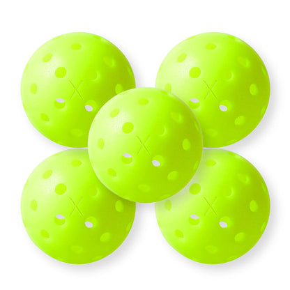 Five Franklin X-40 Outdoor Pickleball Balls by Pickleballist with machine-drilled holes, grouped together on a white background.