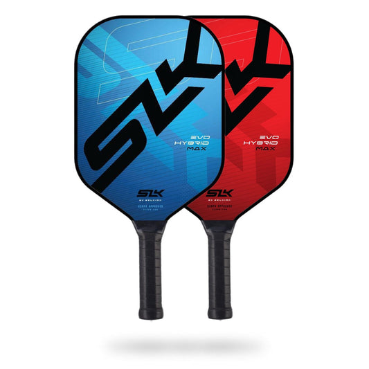 Two Pickleballist Selkirk SLK Evo Hybrid Max Pickleball Paddles, one blue and one red, with a zigzag design and a polymer core, displayed against a white background.