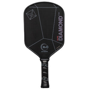 Front view of a black pickleball paddle with geometric lines and text "Six Zero Black Diamond Power (14mm) Pickleball Paddle". The handle is wrapped in black grip tape with Six Zero branding.