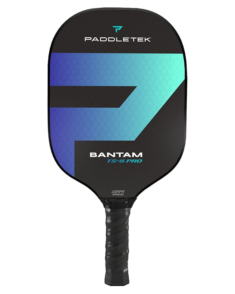 The Paddletek Bantam TS-5 Pro Pickleball Paddle features a UV-coated fiberglass textured face.