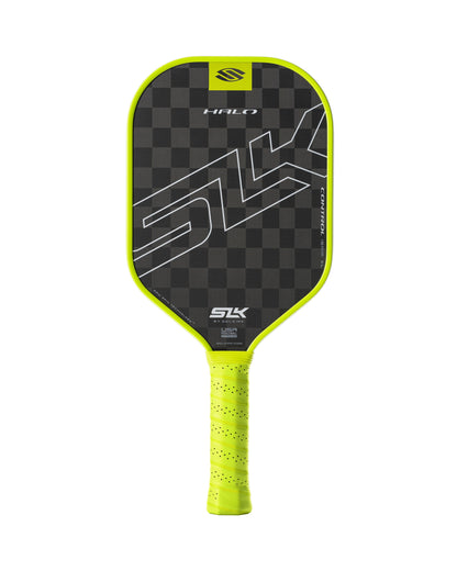 A Selkirk SLK HALO XL Control 16mm pickleball paddle featuring a black checkered face and vibrant lime green edge and grip.