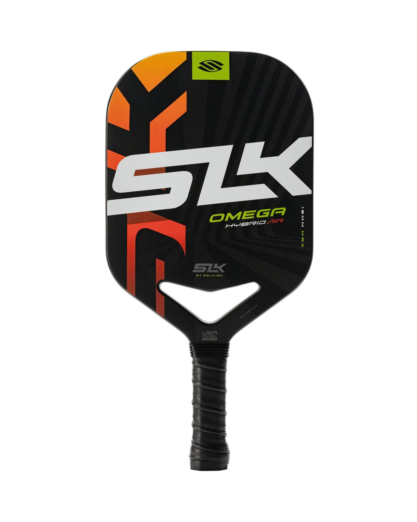 A black and orange Selkirk SLK Omega Max Hybrid Air pickleball paddle with a textured grip and a modern design.