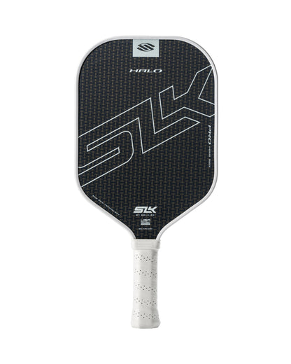 A paddle from Selkirk named the SLK HALO Pro Max 14mm Pickleball Paddle, featuring a black face with a white border and handle, and displaying the text "SLK" and "Halo.