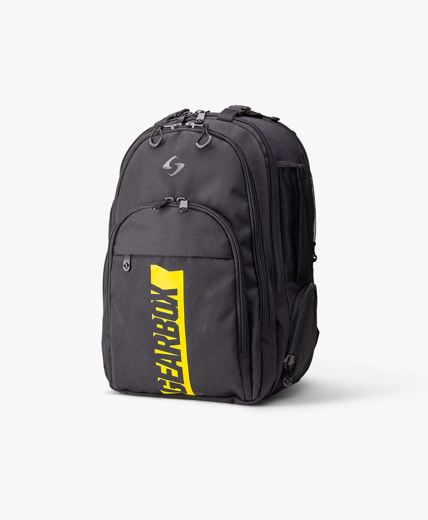 Gearbox Core Collection Pickleball Backpack with multiple compartments and yellow Gearbox branding on the front pocket.