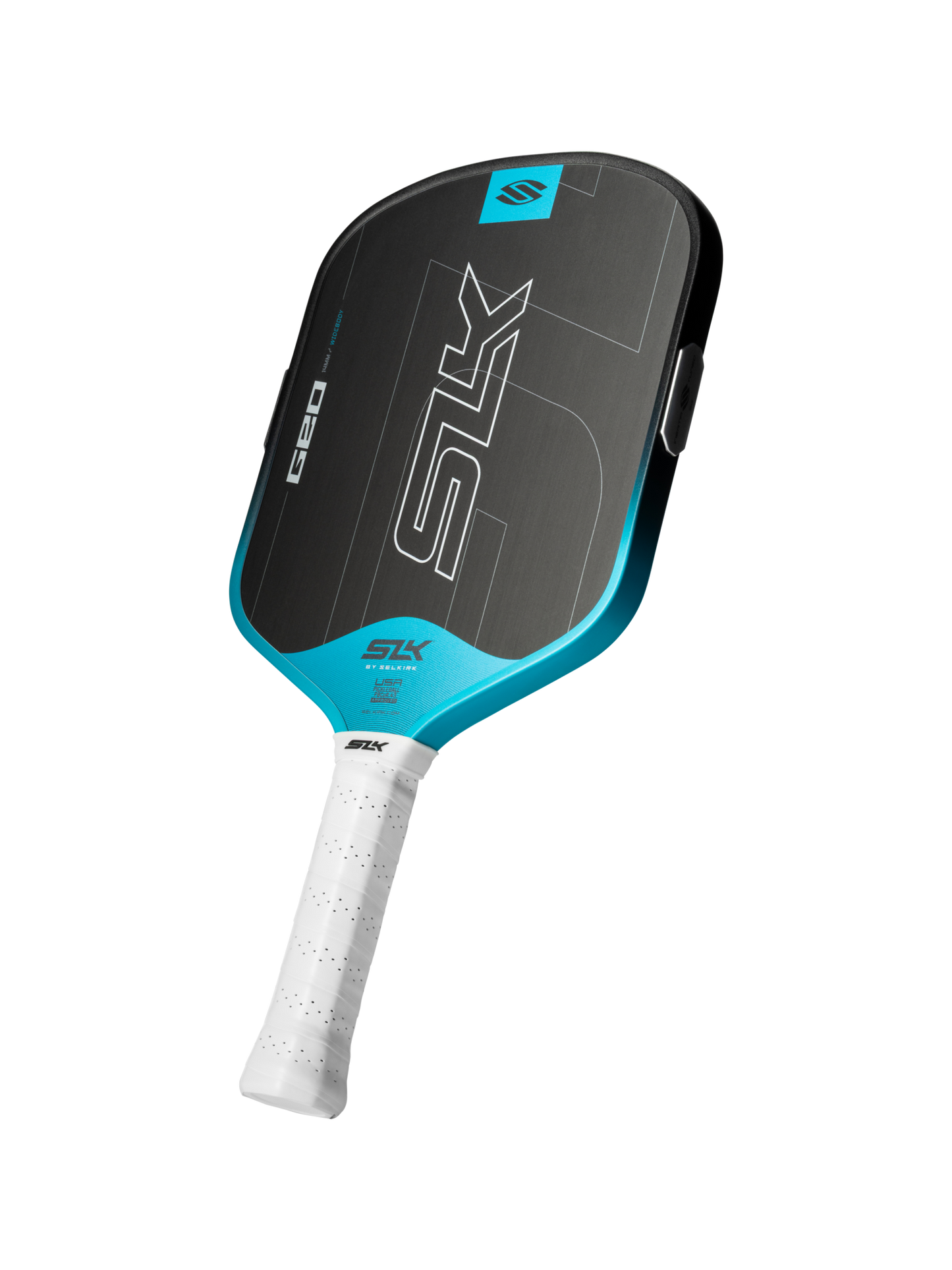 The Selkirk SLK GEO Widebody 14mm Pickleball Paddle features a black and blue design with a white grip, shown on a plain white background.