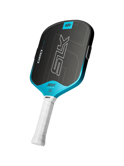 The Selkirk SLK GEO Widebody 14mm Pickleball Paddle features a black and blue design with a white grip, shown on a plain white background.