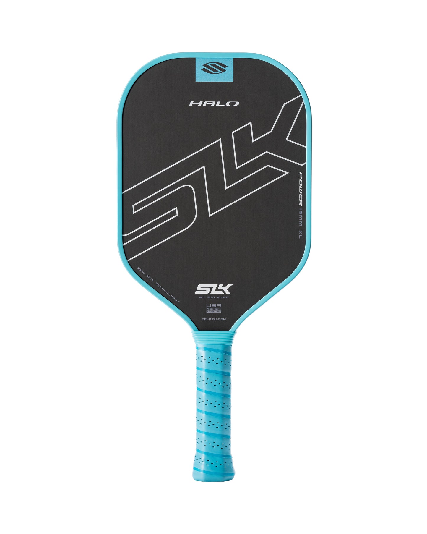 A blue and black Selkirk SLK HALO XL Power 13mm Pickleball Paddle with a perforated turquoise grip, shown against a white background.