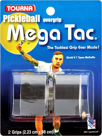 A package of Tourna Tourna Pickleball MEGA TAC® Overgrip Grip Tape - 2 Pack featuring two 2.23 cm x 98 cm grips. The packaging includes an image of a player and the tagline "The Tackiest Grip Ever Made!".