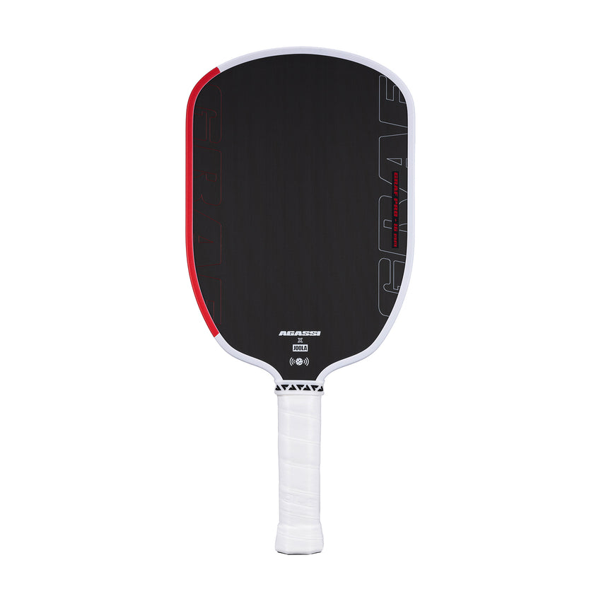 The JOOLA Steffi Graf Pro 16mm Pickleball Paddle features a black face, red and white edges, and a white grip with JOOLA brand logos and text on the surface.