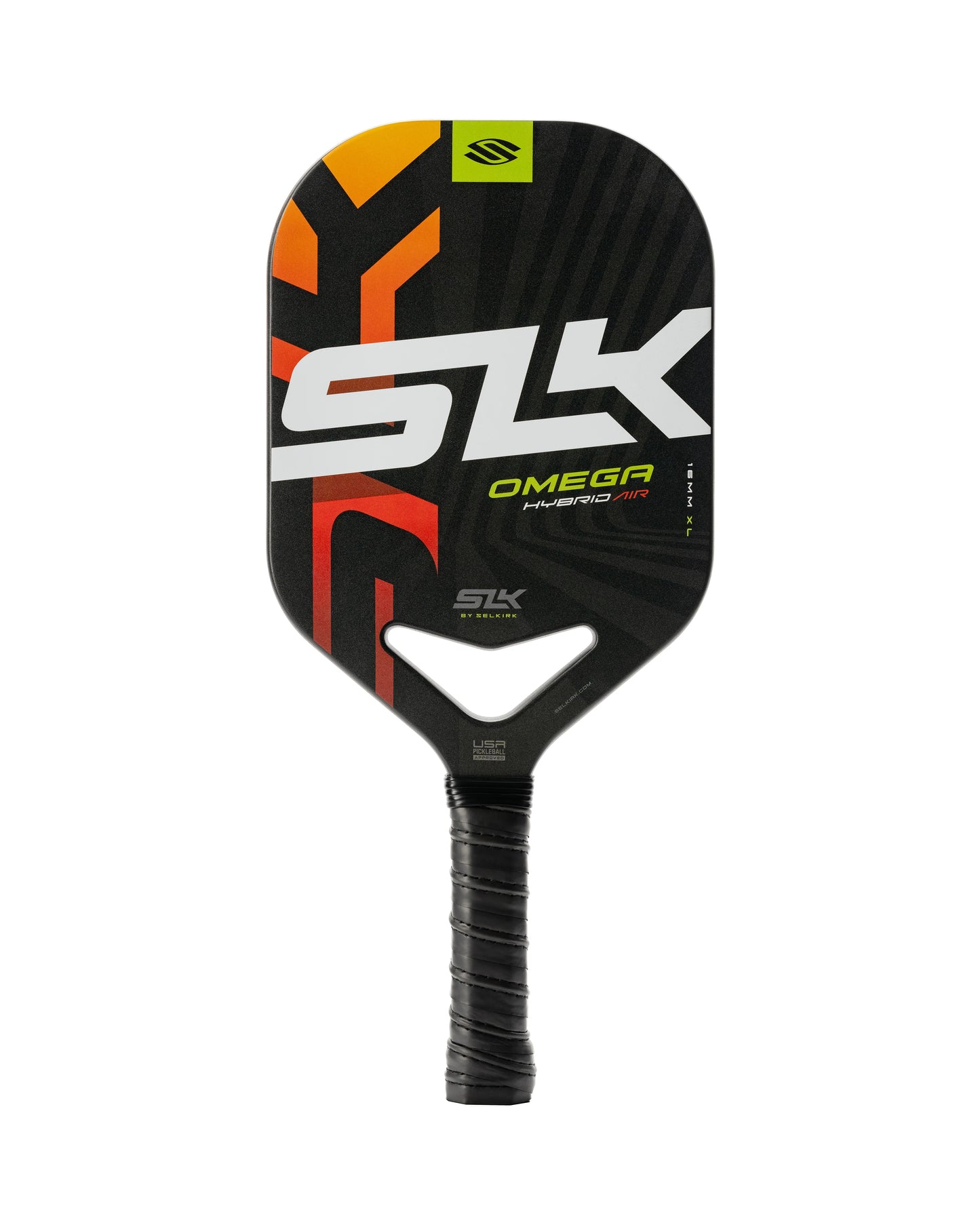 Front view of a black Selkirk SLK Omega XL Hybrid Air Pickleball Paddle with a red and orange geometric design and a wrapped grip handle.