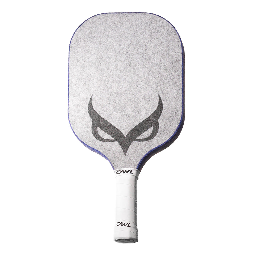 An OWL CX Control Series Wide Body Pickleball Paddle from OWL Sport with the handle wrapped in white grip tape. The paddle face is grey with a black owl eyes graphic. The brand name "OWL Sport" is printed at the base of the handle.