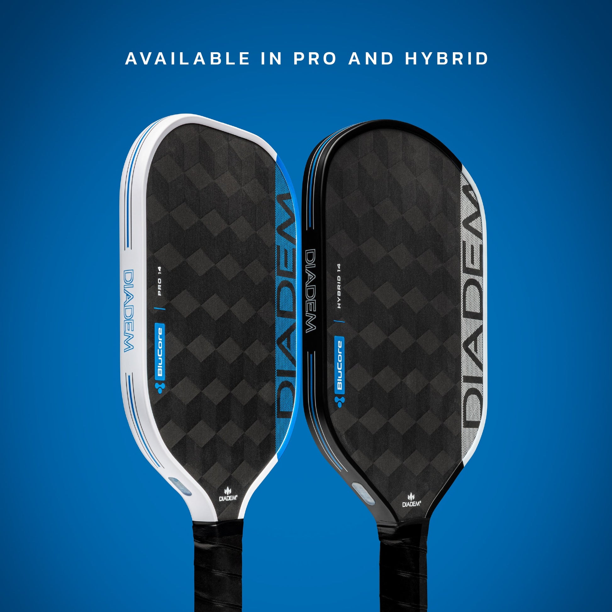 Two Diadem Edge BluCore Hybrid 16mm Pickleball Paddles—one white Pro and one black Hybrid—stand upright on a blue background, with text above: "Available in Pro and Hybrid.