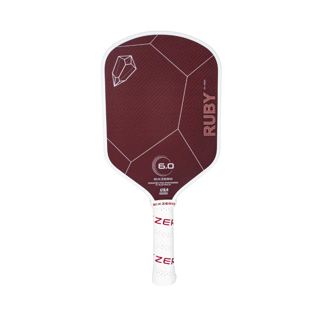 A Six Zero Ruby Kevlar (16mm) Pickleball Paddle with a white logo on it.