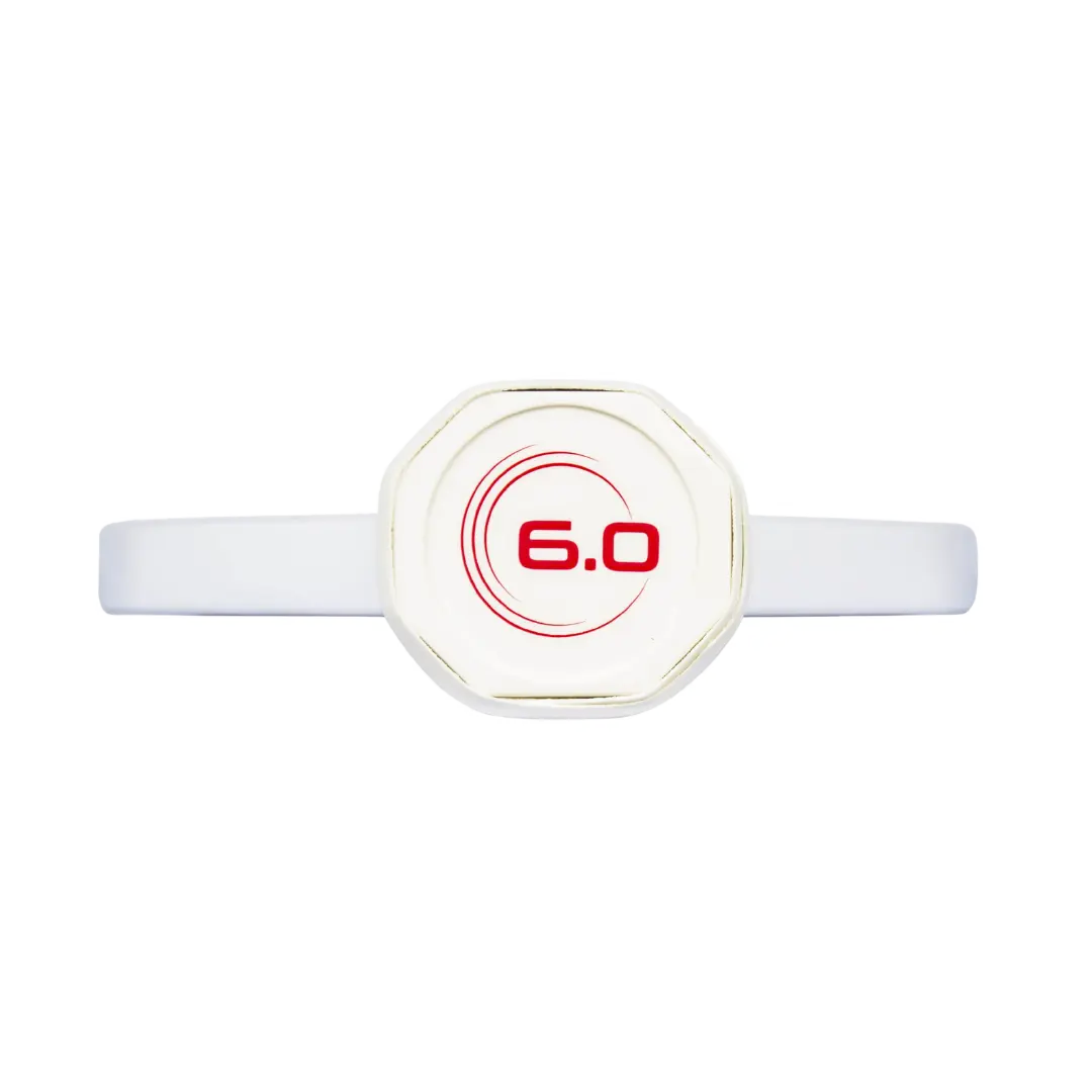 A white watch face with a minimalist design displaying "6.0" in red font on the dial, featuring a Six Zero Six Zero Ruby Kevlar (16mm) Pickleball Paddle strap.