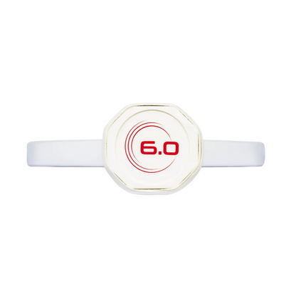 A white watch face with a minimalist design displaying "6.0" in red font on the dial, featuring a Six Zero Six Zero Ruby Kevlar (16mm) Pickleball Paddle strap.