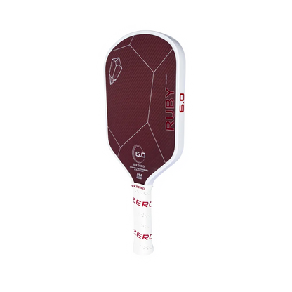 Maroon-colored pickleball paddle labeled "Six Zero Ruby Kevlar (16mm)" with white handle and accents, showcasing logo and specs including "6.0" and "GRAPHITE CARBON FIBER.