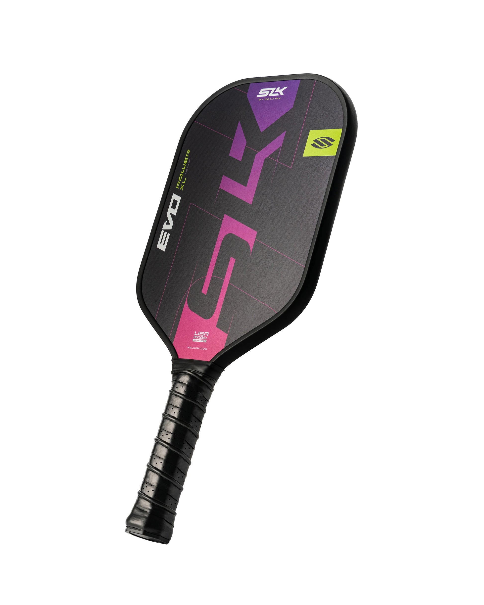 A Selkirk SLK EVO XL Power Pickleball Paddle, featuring a black design with purple and pink accents and labeled "EVO" and "SLK," is shown diagonally with a black grip handle against a white background.