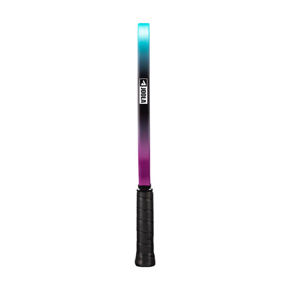 The JOOLA Perseus 3S Dual 16mm Pickleball Paddle by JOOLA is shown vertically from the side, featuring a gradient design that transitions from teal to black to purple with a carbon fiber black grip handle.
