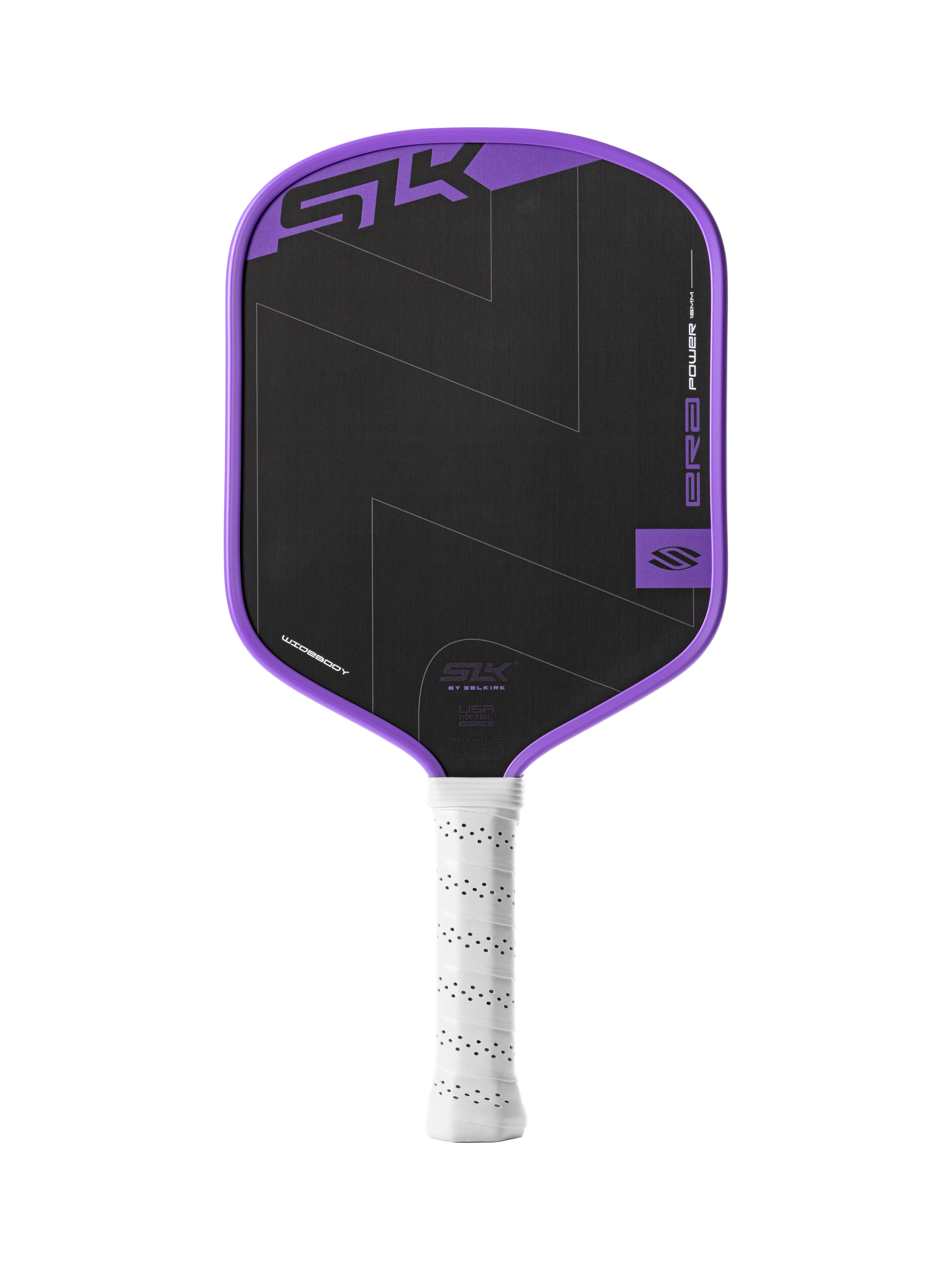 The Selkirk SLK ERA Power Widebody Carbon Fiber Pickleball Paddle features a black and purple geometric design, raw spin technology, a white perforated grip, and prominent Selkirk branding.