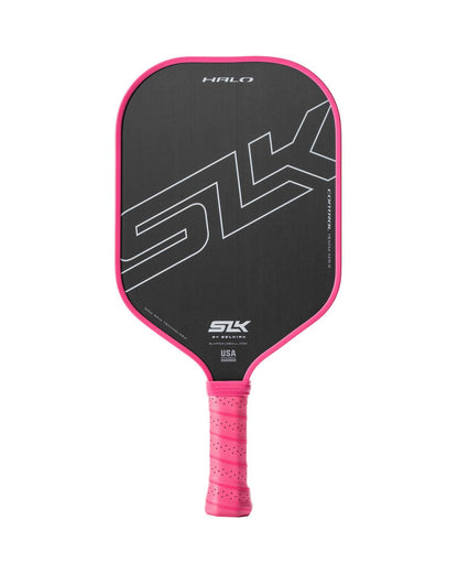A pink and black Pickleballist SLK Halo Max pickleball paddle, offering various color options, displaying a large Pickleballist logo on the paddle face, isolated on a white background.