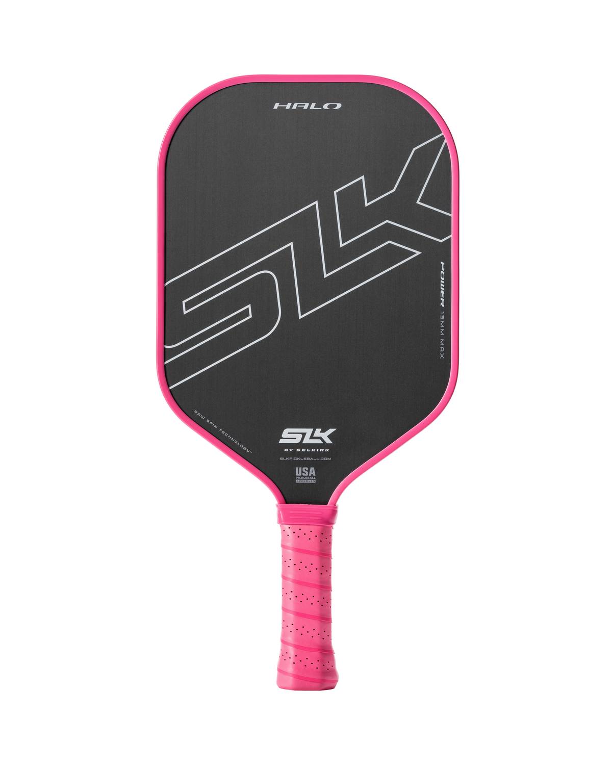 Choose a pink Selkirk SLK Halo Max Pickleball Paddle with the word slk on it.