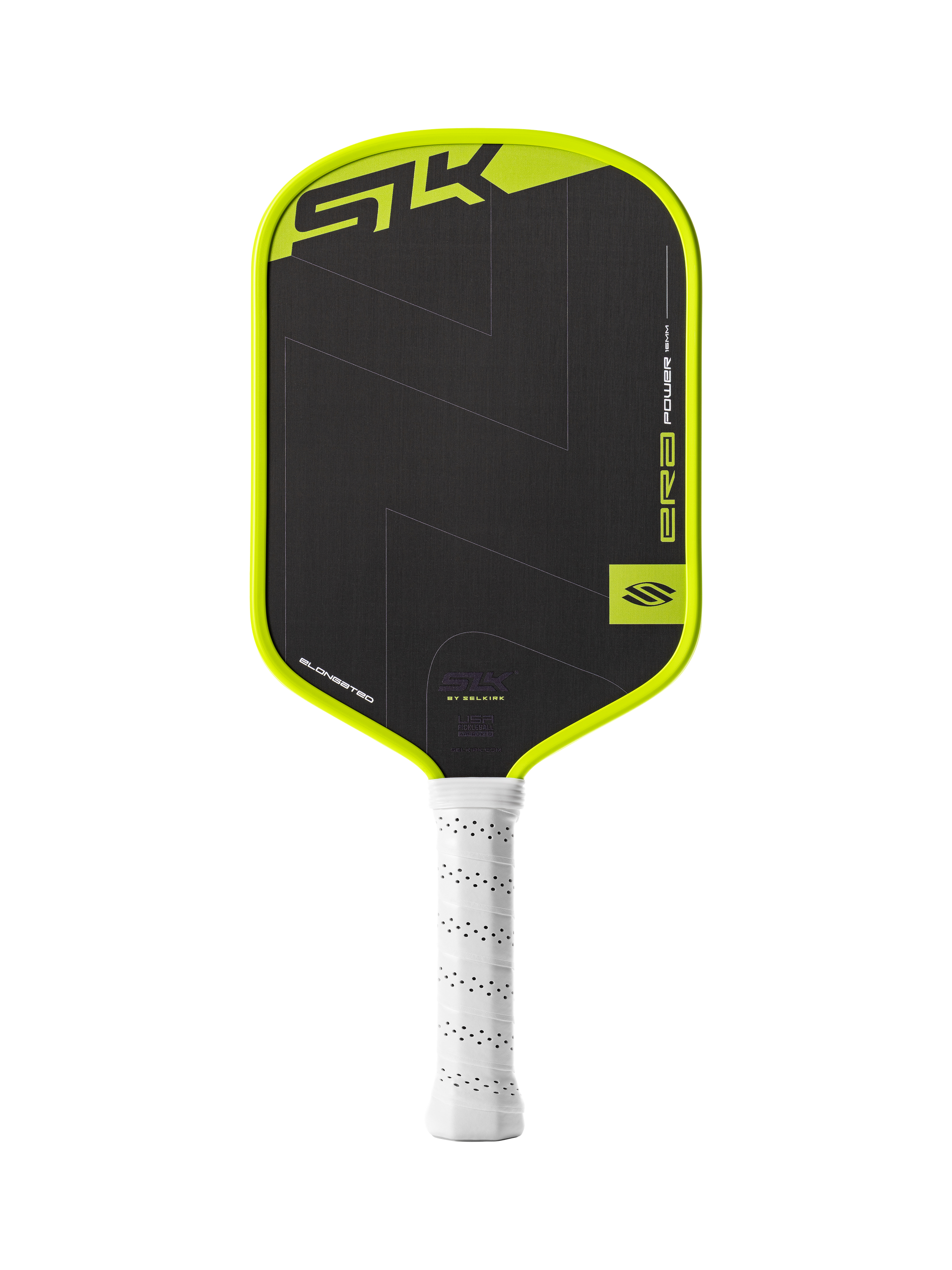 The Selkirk SLK ERA Power Elongated Carbon Fiber Pickleball Paddle features a black and neon yellow design with geometric patterns, a white perforated grip, and Selkirk branding on the face.