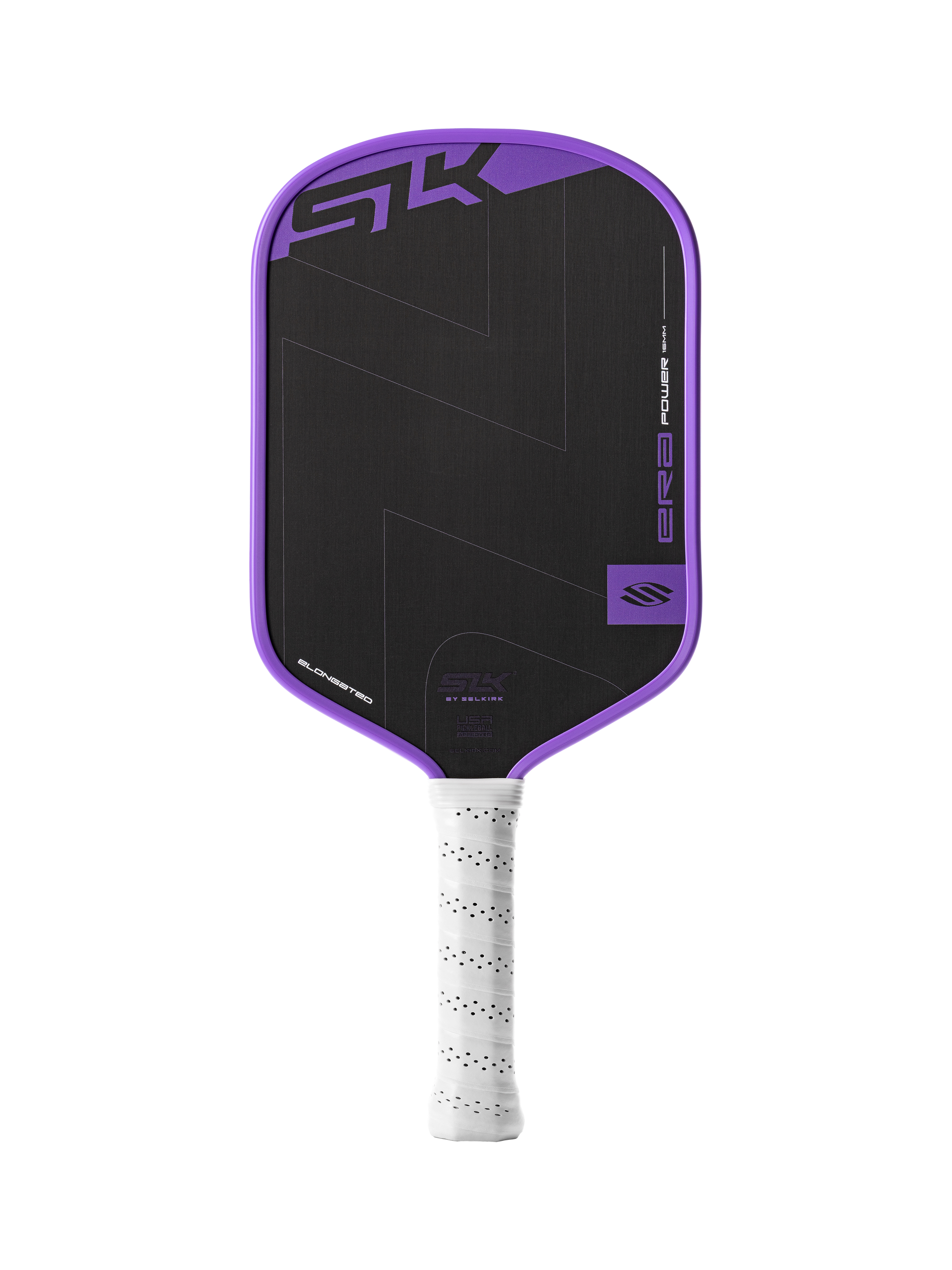 The Selkirk SLK ERA Power Elongated Carbon Fiber Pickleball Paddle features a black face, purple border, white perforated grip, and displays the SK logo, delivering enhanced performance.