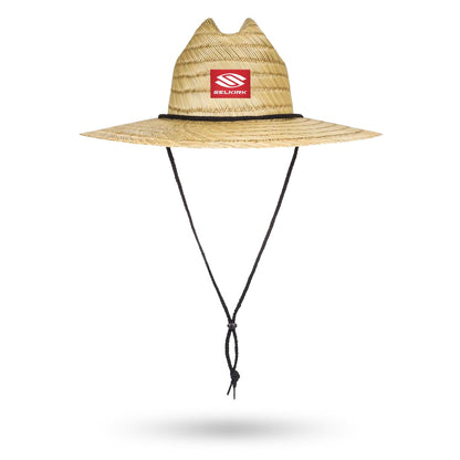 Pickleballist Selkirk Red Label Straw Pickleball Hat with a red and white logo on the front and a black adjustable chinstrap, isolated on a white background.