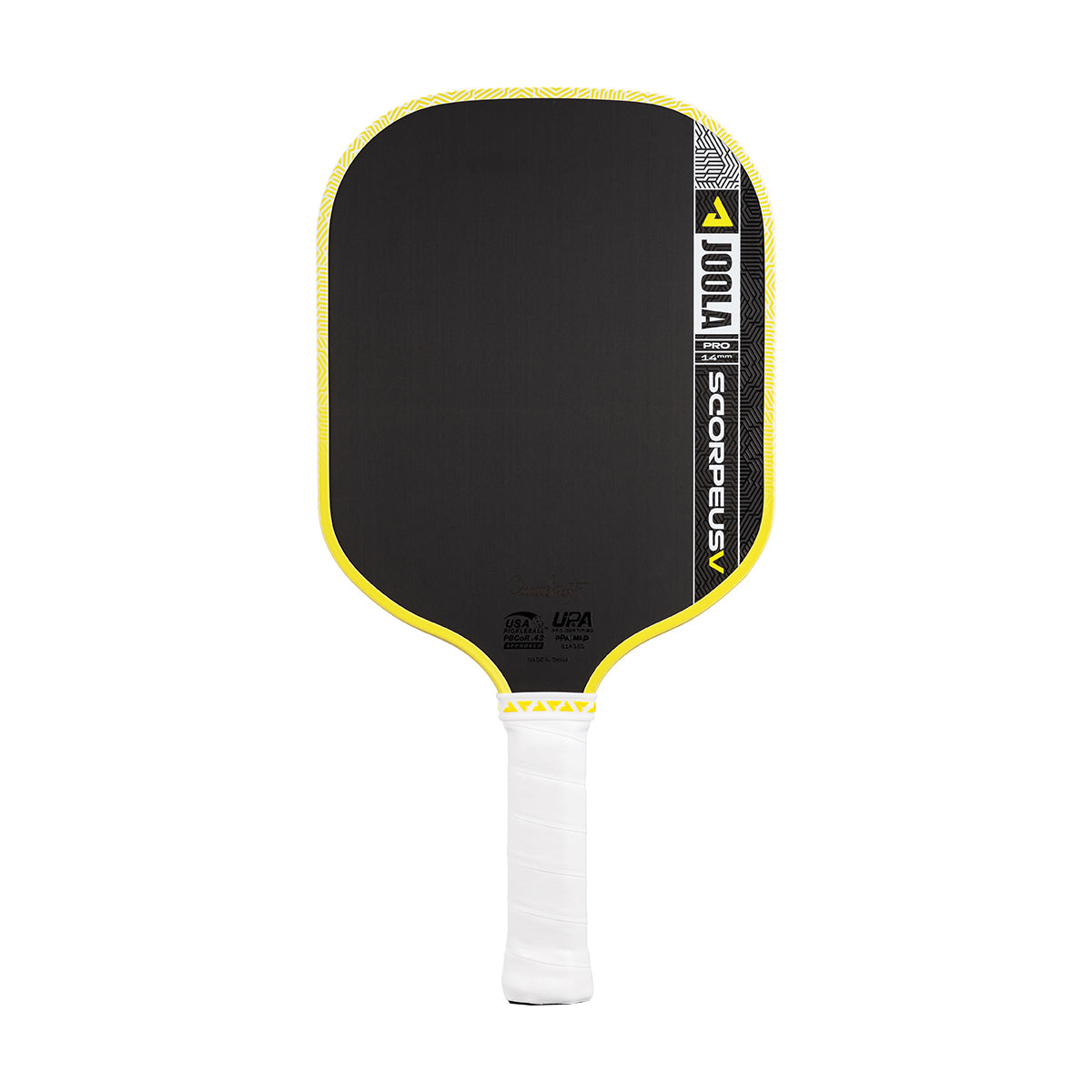 The JOOLA Scorpeus Pro V 14mm Anna Bright Yellow Pickleball Paddle, featuring a carbon fiber build and white handle, is displayed against a white background.