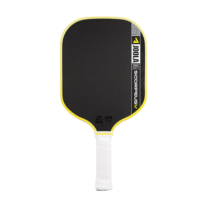 The JOOLA Scorpeus Pro V 14mm Anna Bright Yellow Pickleball Paddle, featuring a carbon fiber build and white handle, is displayed against a white background.