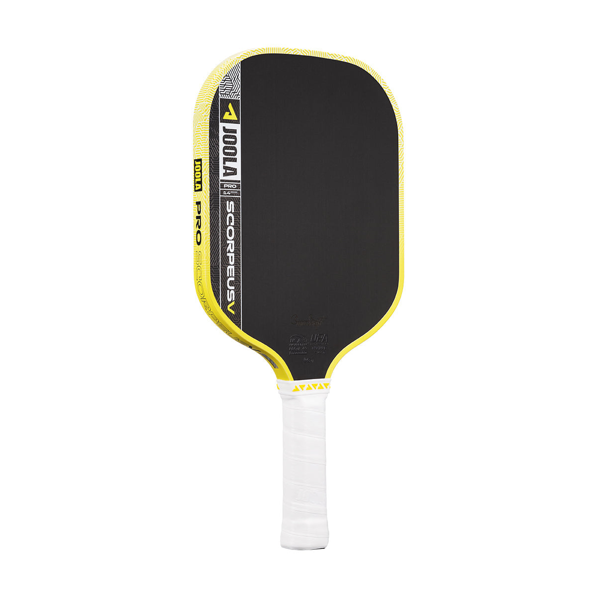 The JOOLA Scorpeus Pro V 14mm Anna Bright Yellow Pickleball Paddle features a bold yellow and black design with a white grip, ideal for professional players seeking top performance.