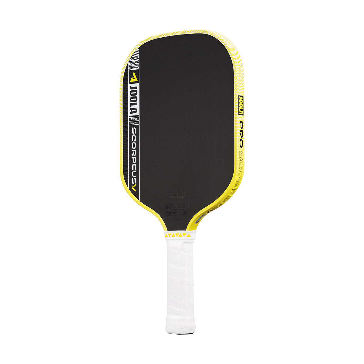 The JOOLA Scorpeus Pro V 14mm Anna Bright Yellow Pickleball Paddle stands upright, featuring a black face, yellow edge, and white handle against a white background.