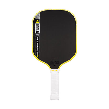 The JOOLA Scorpeus Pro V 14mm Anna Bright Yellow Pickleball Paddle features a black face, yellow trim, and white handle, and is displayed against a plain white background.