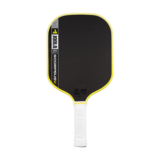 The JOOLA Scorpeus Pro V 14mm Anna Bright Yellow Pickleball Paddle features a black face, yellow trim, and white handle, and is displayed against a plain white background.