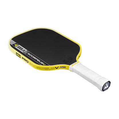 The JOOLA Scorpeus Pro V 14mm Anna Bright Yellow Pickleball Paddle, featuring a black and yellow design with a white grip, is displayed against a white background.